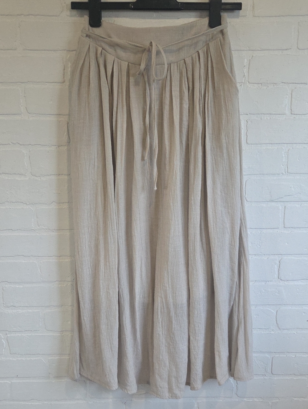 Korean Beige Pleated Drawstring Maxi Skirt